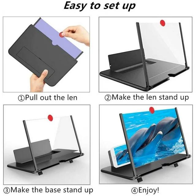 Universal Screen Magnifier for Cell Phone, Portable 3D HD Screen Enlarger Movies Amplifier with Foldable Holder Stand, Compatible with All Smartphones