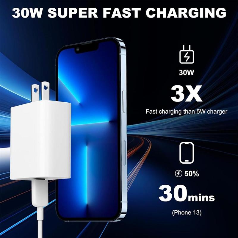 30W PD Fast Charging Head & Data Cable, Durable Portable Charger Head & Cable for Cellphone Headphones Tablet, Phone Charger for iPhone 14 13 12 11 X 8 7 6 AirPods, Smartphone Devices Accessories