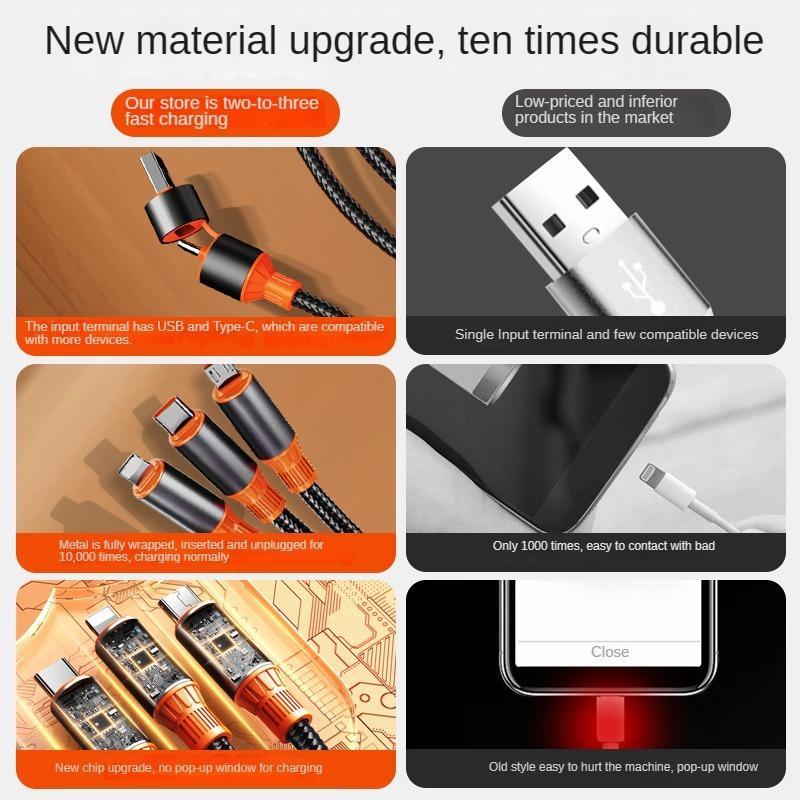 100W Multi-function 3-in-1 Fast Charging Cable, Two-to-three Fast Charging Data Cable and High-power Charging Cable, Universal Tablet & Computer Accessories