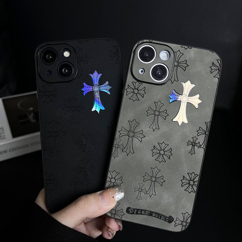 Suitable for iPhone 15 14 13 12 11 leather cross gradient advanced anti slip phone case, iPhone 15 14 Plus series cross logo high-quality leather anti fall male and female phone case