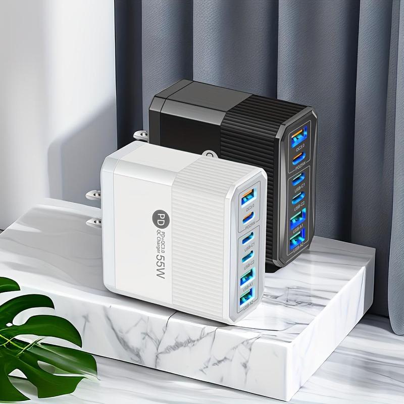 55W PD+QC3.0 3 USB-C Ports & 3 USB Ports Charger, Multifunctional Fast Charging Charger Adapter, Portable Charger for Phone & Tablet