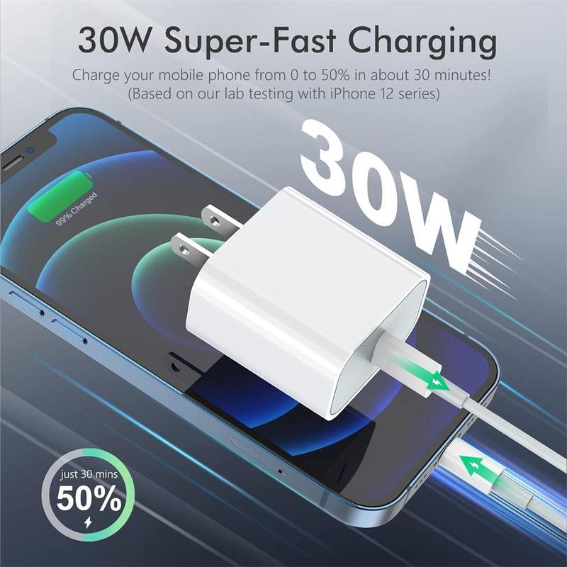 30W PD Fast Charging Head & Data Cable, Durable Portable Charger Head & Cable for Cellphone Headphones Tablet, Phone Charger for iPhone 14 13 12 11 X 8 7 6 AirPods, Smartphone Devices Accessories