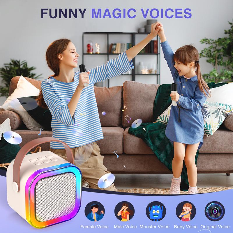 Mini Portable Kids Bluetooth Karaoke Speaker Adult Karaoke Machine with 2 Wireless Microphones and LED Lights for Family Parties (Adults); CD Vinyl Player Birthday Gift for Girls Boys 5, 6, 7, 8, 9, 10, 12+ Goodies Audio Smartphone