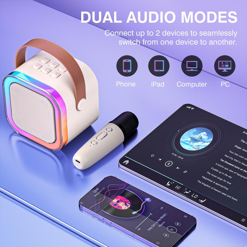 Mini Portable Kids Bluetooth Karaoke Speaker Adult Karaoke Machine with 2 Wireless Microphones and LED Lights for Family Parties (Adults); CD Vinyl Player Birthday Gift for Girls Boys 5, 6, 7, 8, 9, 10, 12+ Goodies Audio Smartphone