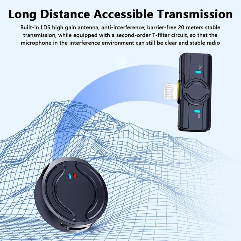 Wireless Microphone, USB Rechargeable Clip-on Microphone, Noise Reduction Video Recording Microphone for Mobile Phone Live