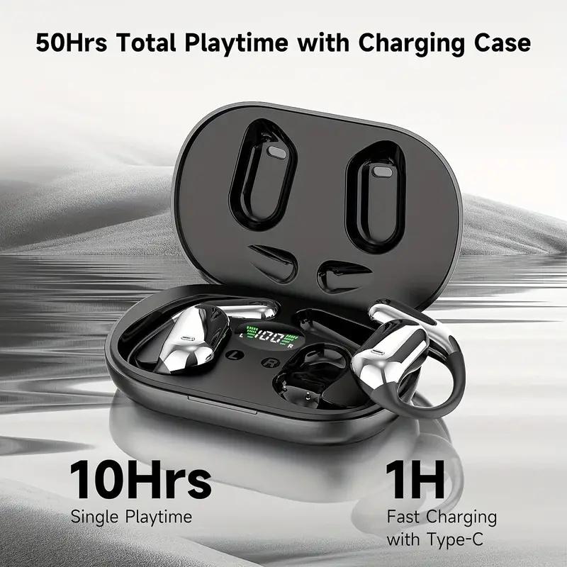 Open wireless 5.4 earphones,  ear hooks with 60H playback time, earplugs with LED black Audio Headphones playtime ear Headset Electronic