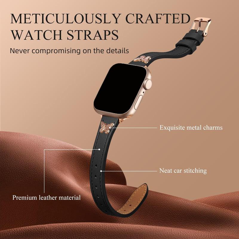 Butterfly Decor Watch Band, Top Grain Soft Faux Leather Watch Band, Fashionable Watch Band for iWatch Series SE 9 8 7 6 5 4 3 2 1