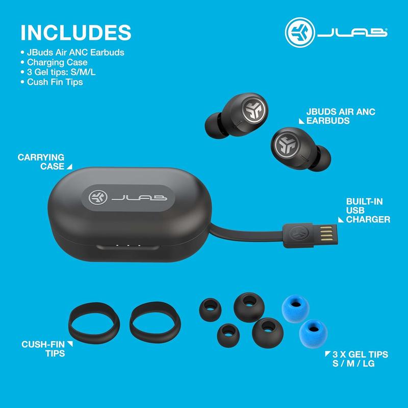 JLab JBuds Air ANC True Wireless Earbuds, Black, Active Noise Canceling, Low Latency Movie Mode, Dual Connect, IP55 Sweatproof, 3 EQ Settings Audio Bluetooth