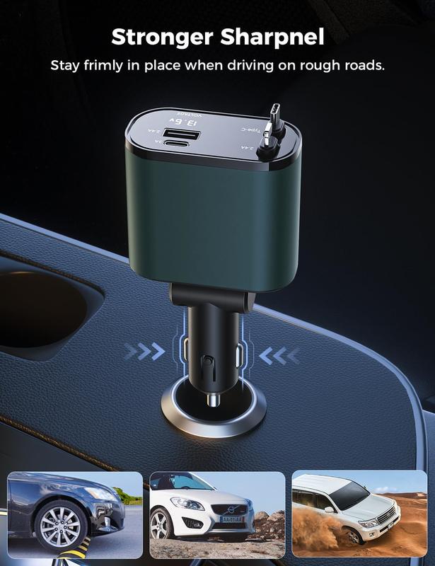 Retractable Car Charger 100W, 4 in 1 Fast Car Phone Charger, 2 Retractable Cables 31.5 Inch and 2 USB Ports, Compatible with iPhone 15 14 13 12 11 Pro Max XR XS,Samsung,Pixel,iPad iPod Charging Device