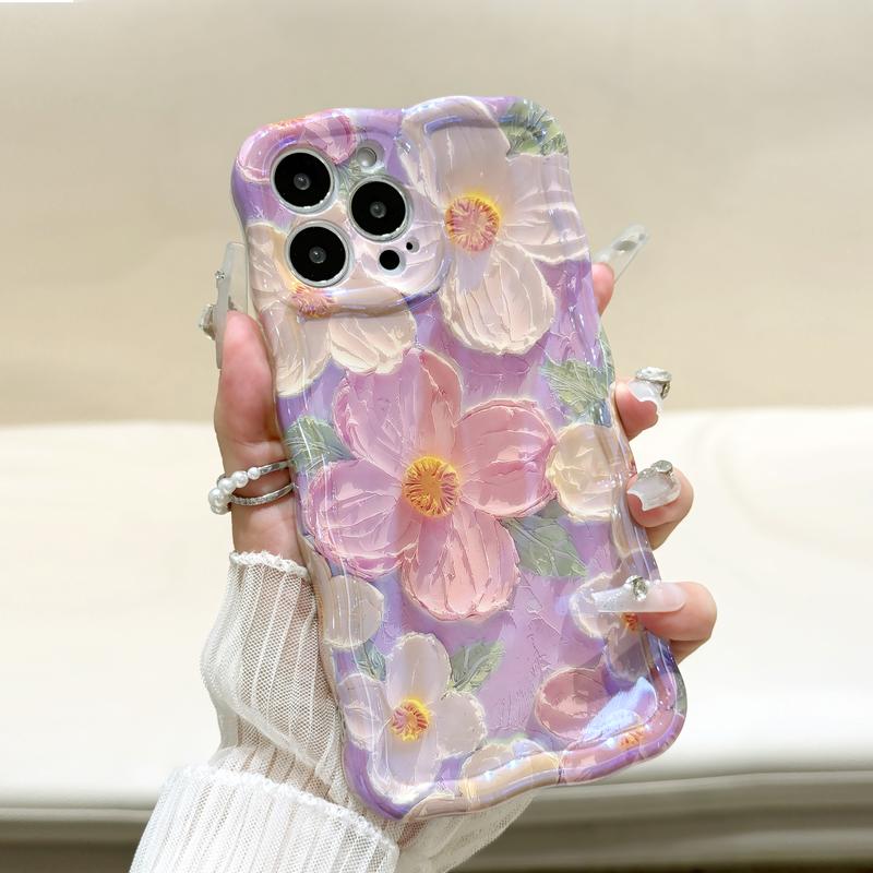 Colorful Retro Oil Painting case with Flower Pattern Cute Curly Wave Frame Phone Case for iPhone 16 Series Plus 11 12 13 14 15 Pro Max Protection