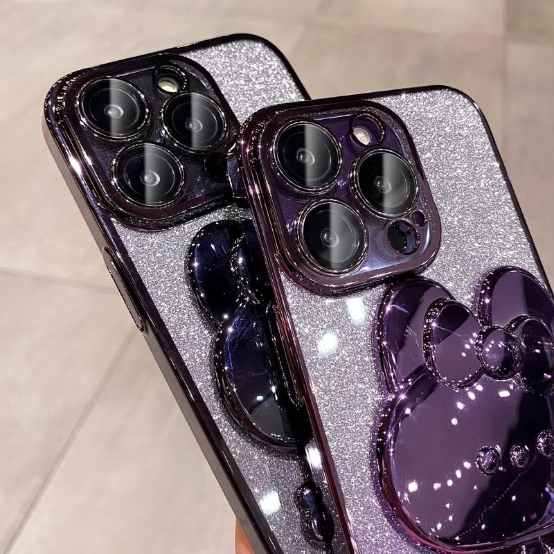 Glitter Phone Case with Mirror Stand Phone Holder, Decorative Phone Protector Cover with Camera Lens Protector, Phone Accessories Compatible with iPhone 15 Pro Max 14 Puls 13 12 11 Pro Max