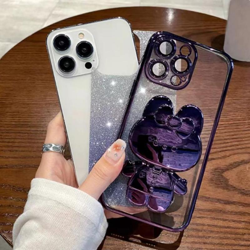 Glitter Phone Case with Mirror Stand Phone Holder, Decorative Phone Protector Cover with Camera Lens Protector, Phone Accessories Compatible with iPhone 15 Pro Max 14 Puls 13 12 11 Pro Max