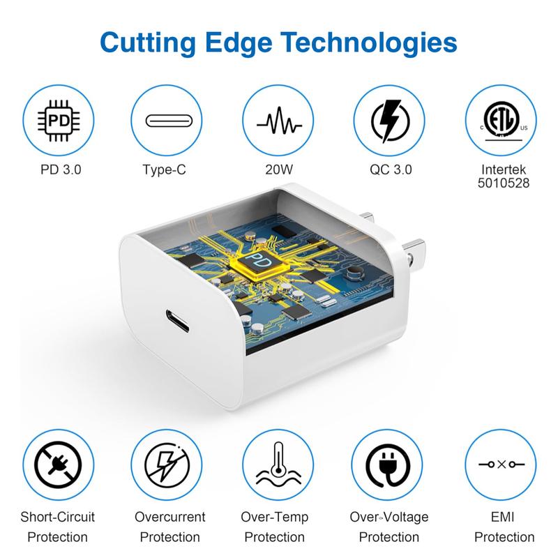 Fast Charger Type C - iPhone Lightning 20W Adapters + Cable Sync Cord [MFi Certified] for iPhone 14 13 12 11 Pro XS X SE FCC ETL Intertek Mobile Electronic Cellphone Smartphone Charging