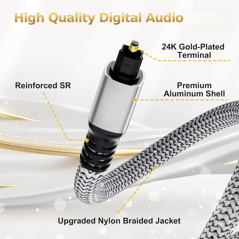 Optical Audio  30 FT, Digital Audio , Toslink Fiber Optic Cord, [Nylon Braided, Slim Aluminum Shell, Gold Plated Connector], for Home Theater, Sound Bar, PS4, , TV and More