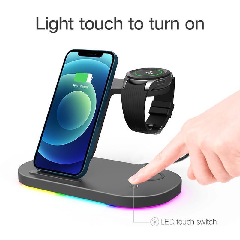 3-in-1 Wireless Charger Stand, 15W Fast Charging Charger with RGB LED Lamp, Foldable Desktop Charger for Samsung Galaxy Watch Buds Headphone