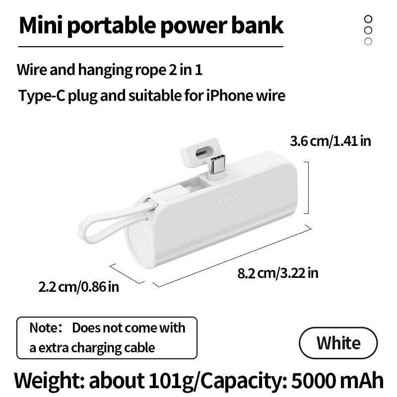 Portable 5000mAh Power Bank, Mini Emergency Backup Mobile Power Bank with Built-in Cable, Lightweight Mobile Charger for iPhone & Android