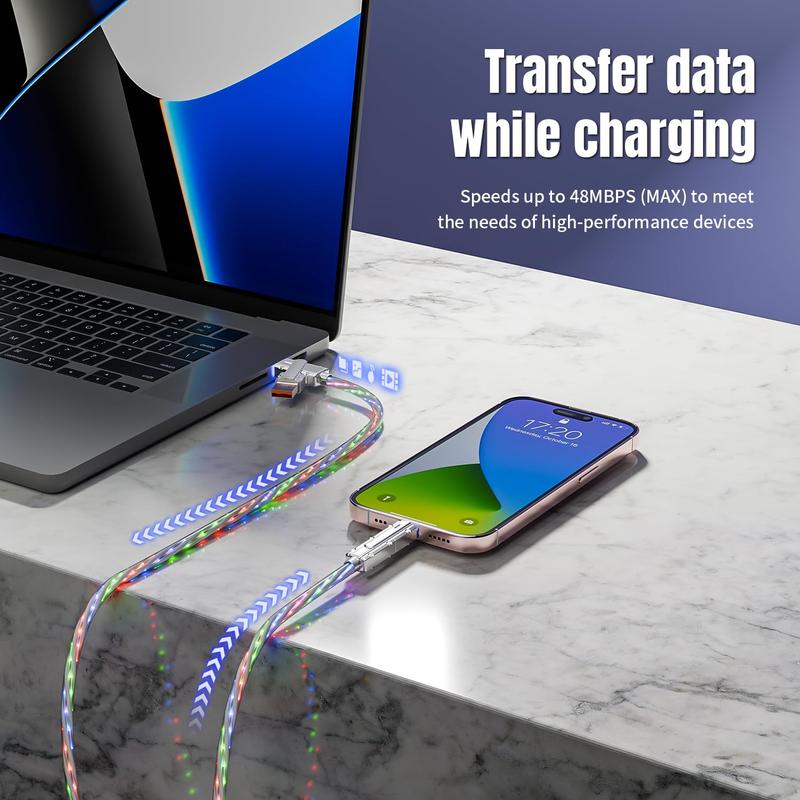 4 IN 1 Phone Charging Cable,Travel USB-C LED Light Cable for Multi-Functional Devices , Colorful data transfer Cable for Cellphone charger cord