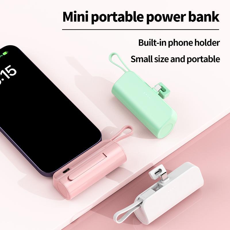 Portable 5000mAh Power Bank, Mini Emergency Backup Mobile Power Bank with Built-in Cable, Lightweight Mobile Charger for iPhone & Android