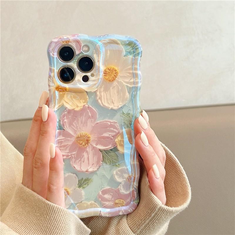 Colorful Retro Oil Painting case with Flower Pattern Cute Curly Wave Frame Phone Case for iPhone 16 Series Plus 11 12 13 14 15 Pro Max Protection