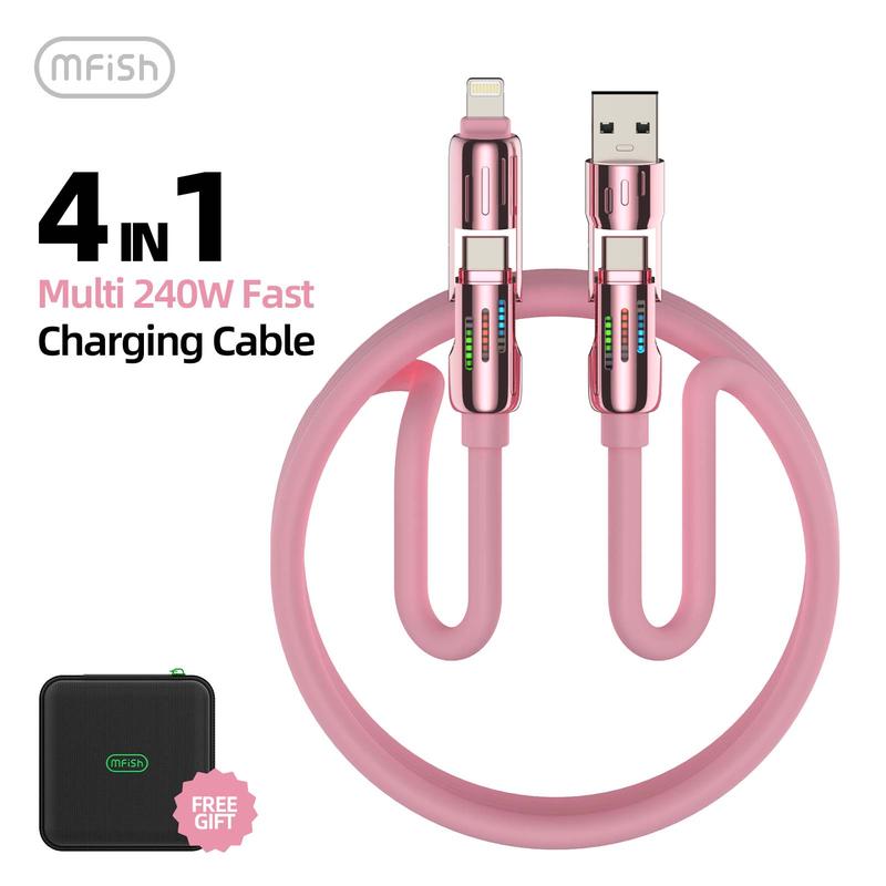 MFish Armored Dragon II Universal 4-in-1 Multi USB Charging Cable with USB A,Type C,Lightning-MAX 240W Fast Charging&Data Sync for iPhone 16 15,iPad Pro