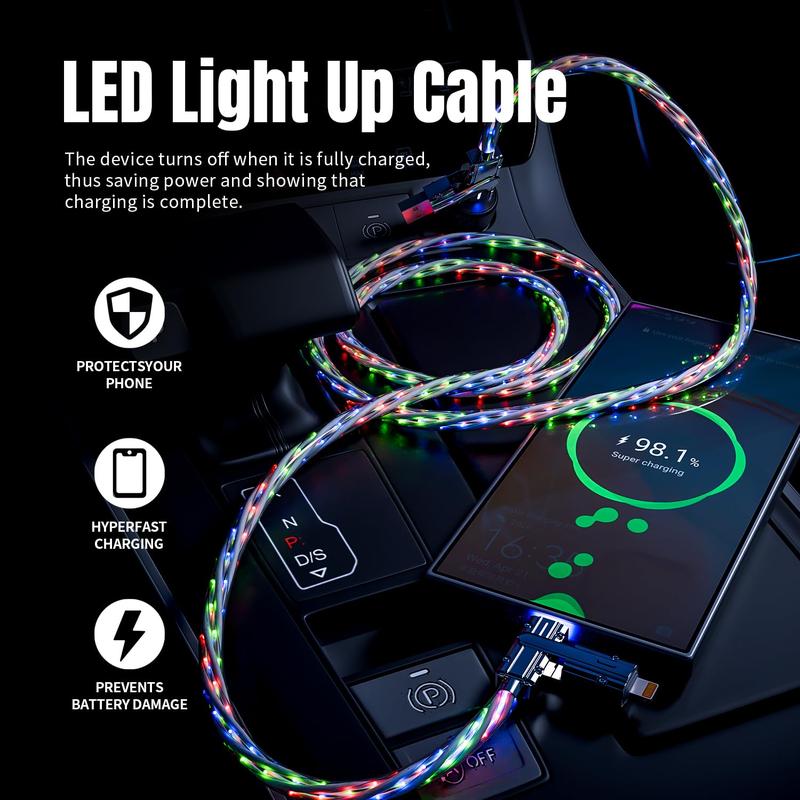 4 IN 1 Phone Charging Cable,Travel USB-C LED Light Cable for Multi-Functional Devices , Colorful data transfer Cable for Cellphone charger cord