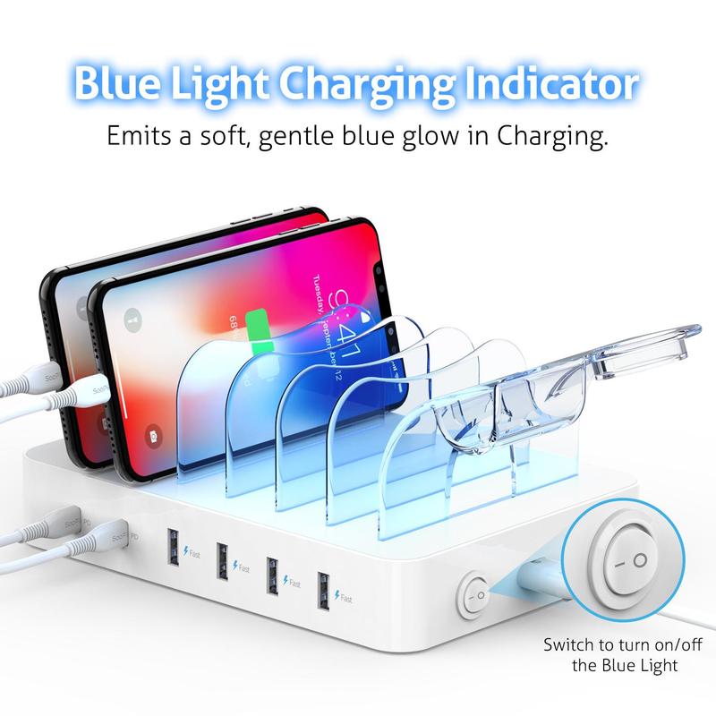 Multifunctional 6 In 1 Desktop Charging Station for Multiple Devices, 1 Box 2 PD 20W Fast Charging Charger, Including 6pcs USB Charging Cables, Mobile Phone Accessories for iPhone 15 14 iWatch AirPods