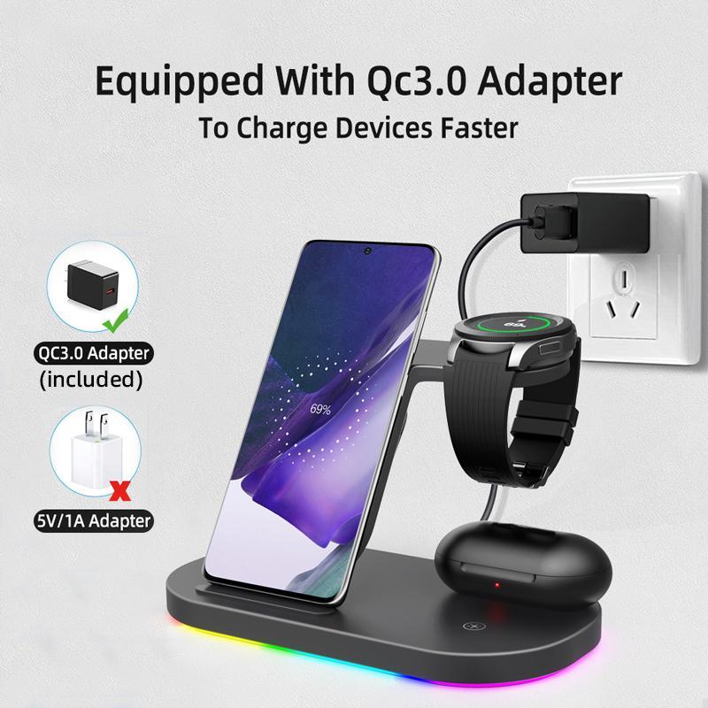 3-in-1 Wireless Charger Stand, 15W Fast Charging Charger with RGB LED Lamp, Foldable Desktop Charger for Samsung Galaxy Watch Buds Headphone