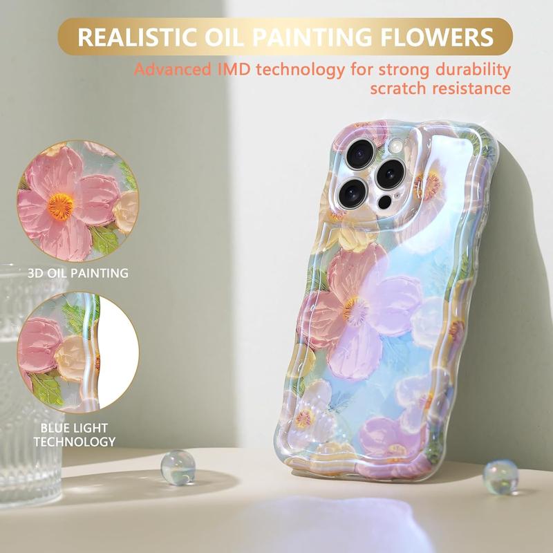 Colorful Retro Oil Painting case with Flower Pattern Cute Curly Wave Frame Phone Case for iPhone 16 Series Plus 11 12 13 14 15 Pro Max Protection