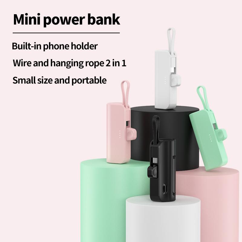 Portable 5000mAh Power Bank, Mini Emergency Backup Mobile Power Bank with Built-in Cable, Lightweight Mobile Charger for iPhone & Android