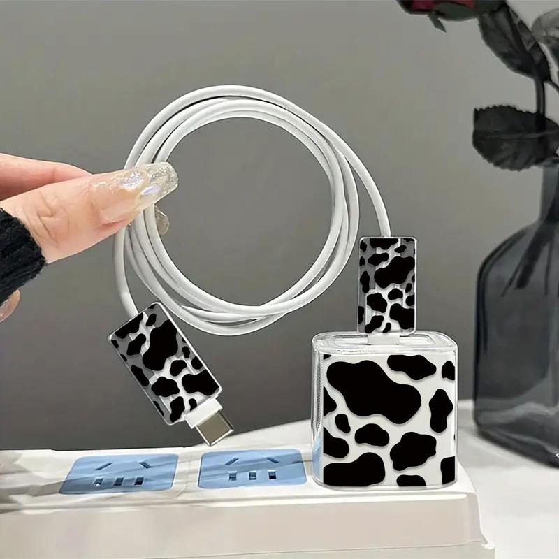 Cow Pattern Charger & Data Cable Protective Case, Transparent Charger & Data Cable Protector, Phone Accessories Compatible with iPhone 18W 20W Charger