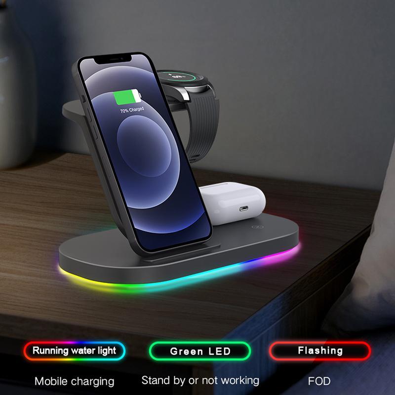 3-in-1 Wireless Charger Stand, 15W Fast Charging Charger with RGB LED Lamp, Foldable Desktop Charger for Samsung Galaxy Watch Buds Headphone