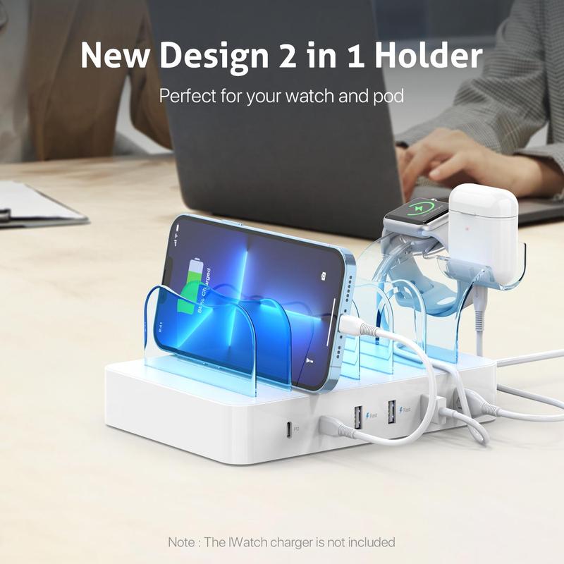 Multifunctional 6 In 1 Desktop Charging Station for Multiple Devices, 1 Box 2 PD 20W Fast Charging Charger, Including 6pcs USB Charging Cables, Mobile Phone Accessories for iPhone 15 14 iWatch AirPods