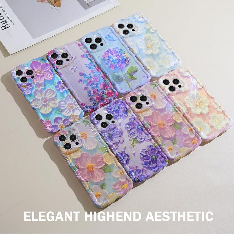 Colorful Retro Oil Painting case with Flower Pattern Cute Curly Wave Frame Phone Case for iPhone 16 Series Plus 11 12 13 14 15 Pro Max Protection