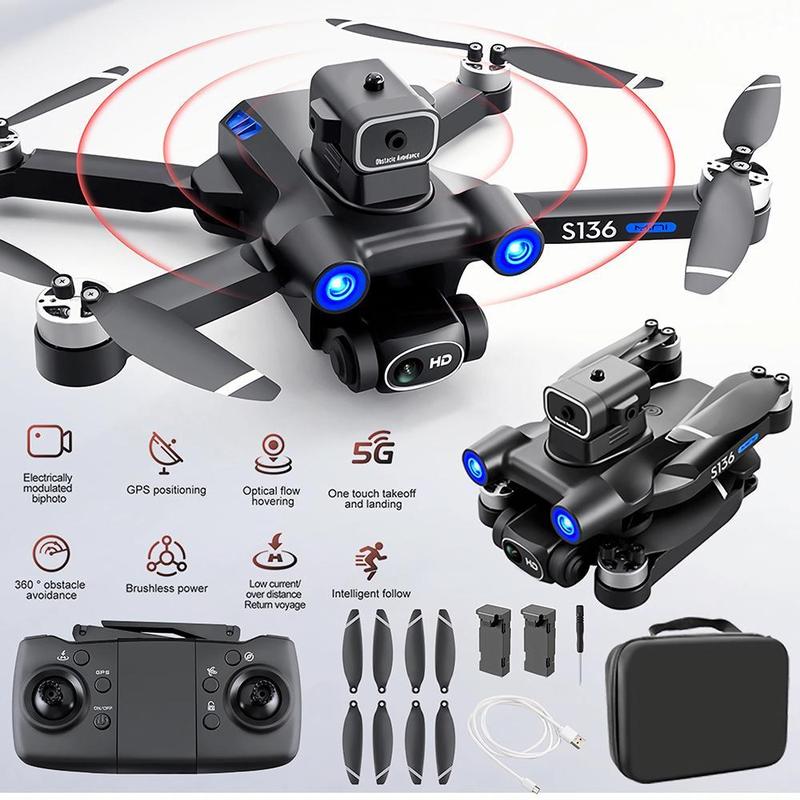 S136 GPS Drone Aircraft with 4K Camera, Ult-Long Flight Time, Optical Flow, 5G Transmission Foldable FPV RC Quadcopter with Brushless Motors, No obstacle avoidance, GPS Auto Return Home with 2 batteries Handbag Accessories Folding drone