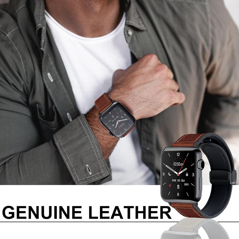 Magnetic Leather Watch Band Compatible with Apple Watch Band 49mm 45mm 44mm 42mm, Genuine Leather with Magnetic Buckle Replacement Strap Compatible with Apple Watch Ultra Series