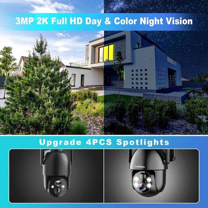 SeeVision Solar Security Camera with Spotlight, PIR Motion Detection, Color Night Vision, and Two-Way Talk