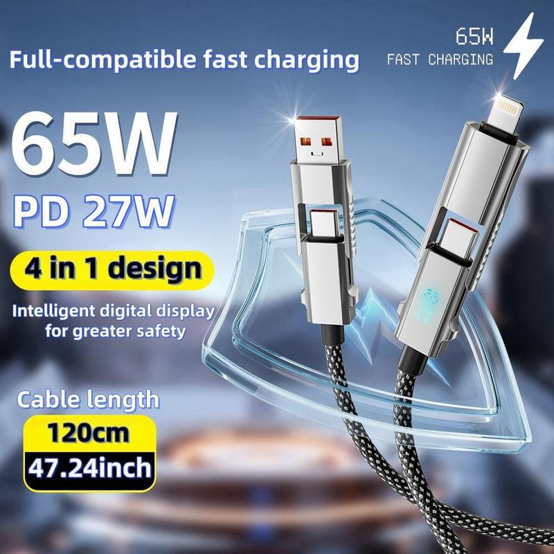 4-in-1 USB Charging Cable, Portable Fast Charging Cable, Portable Charging Cable, Universal Multi-port Data Cable Compatible with Smart Devices