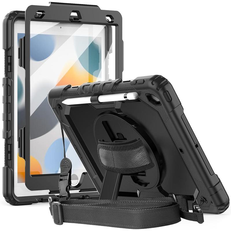 Case for iPad 9th  8th  7th Generation 10.2 inch (Case for iPad 9 8  7 Gen): with Strong Protection, Screen Protector, Hand Shoulder Strap, Rotating Stand, Pencil Holder - Black