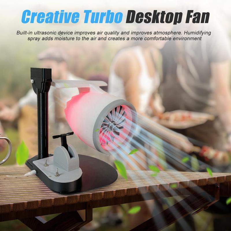 Creative Turbo Desktop Fan with Light Water Tank Design Adjustable Turbofan Engine Shape Cooling Fan 2-in-1 Cooling Fan Humidifier