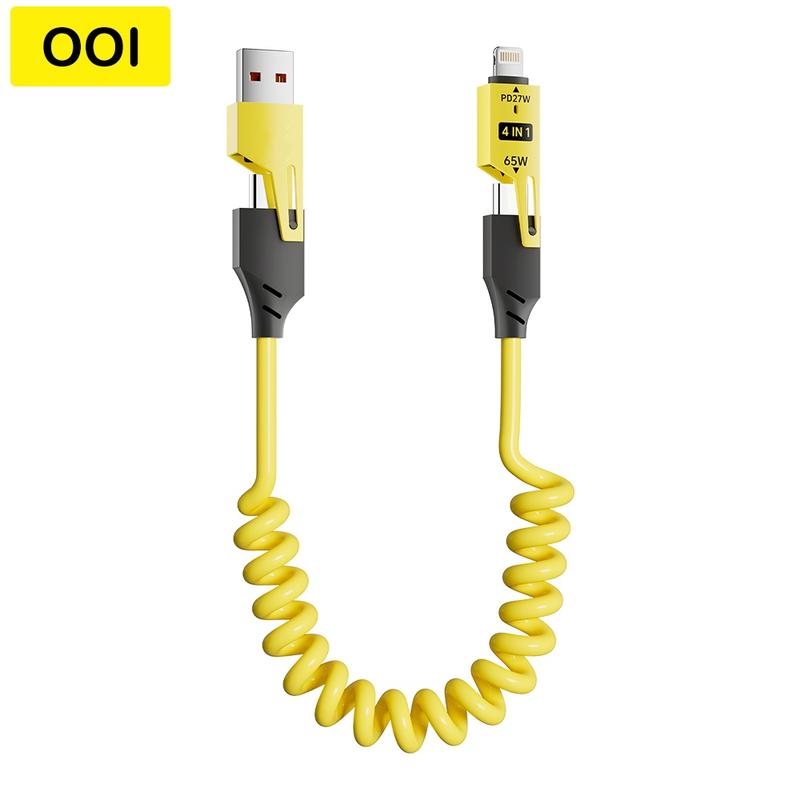 OOI 65W 4-in-1 USB-C Fast Charging and Sync Spring Cable for CarPlay, CarLife, and Mobile Devices