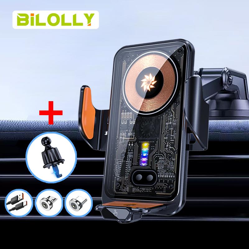 Bilolly Wireless car charger, 15W fast charging auto-clamping car charger phone holder phone holder suitable for iPhone 16 15 14 13 12 Pro Max 11 XR XS, Samsung Galaxy S24 Ultra S23 S22 S21, S20, S10+, and other smartphones.