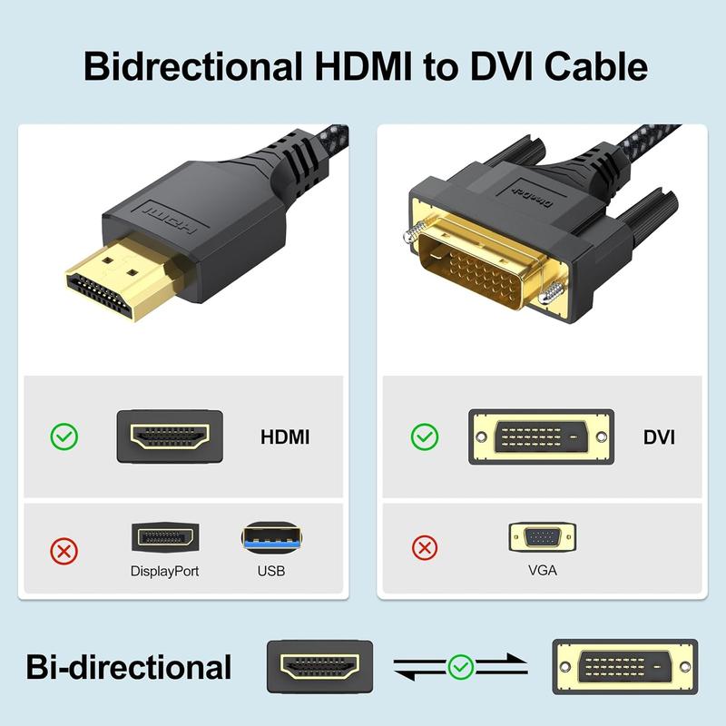 DVI to HDMI  6ft, HDMI to DVI-D DVI-I Braided Cord Bidrectional Male to Male Conector for Monitor Projector PC Raspberry Pi  One PS5 PS4 Graphics Card HDMI