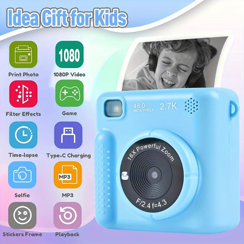 Kids Camera Instant Camera, 1080P 2.4 Inch Screen Instant Camera Kids With Print Paper & 32GB Card, Digital Camera Kids Gift For Kids3-12 Years