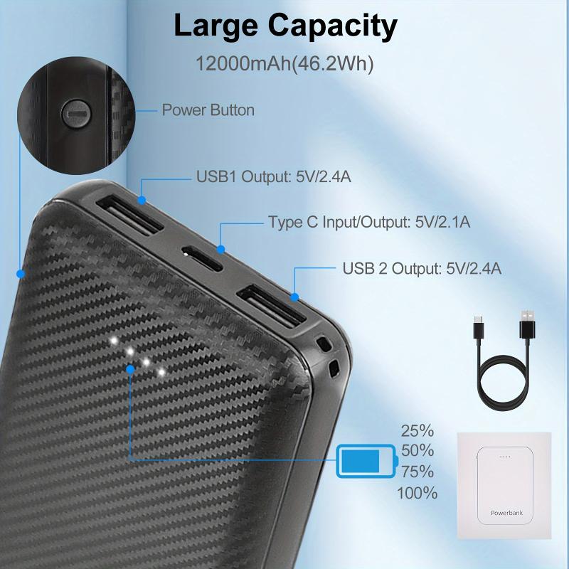 12000mAh Battery Pack For Heated Vest - 5V 2A Power Bank For Heated Jackets And Heated Hoodies, USB C Portable Charger, Power Bank Compatible With IPhone, IPad, Samsung Tablets And More Lithium Charging Connector Rechargeable Smartphone Chargeable