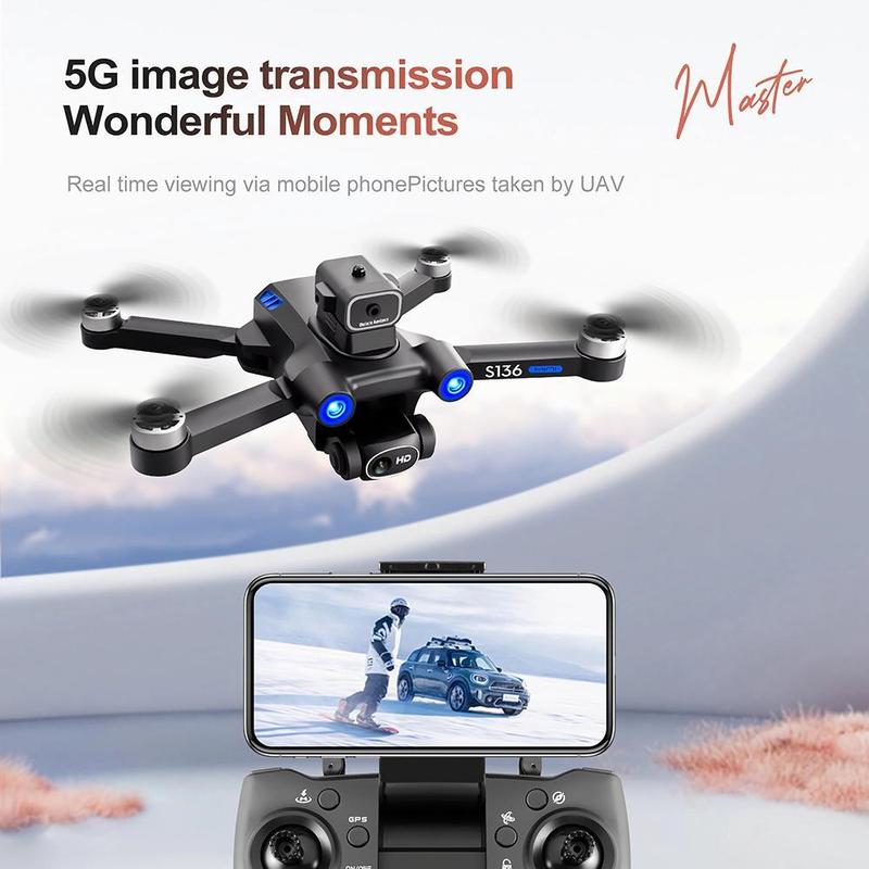 S136 GPS Drone Aircraft with 4K Camera, Ult-Long Flight Time, Optical Flow, 5G Transmission Foldable FPV RC Quadcopter with Brushless Motors, No obstacle avoidance, GPS Auto Return Home with 2 batteries Handbag Accessories Folding drone