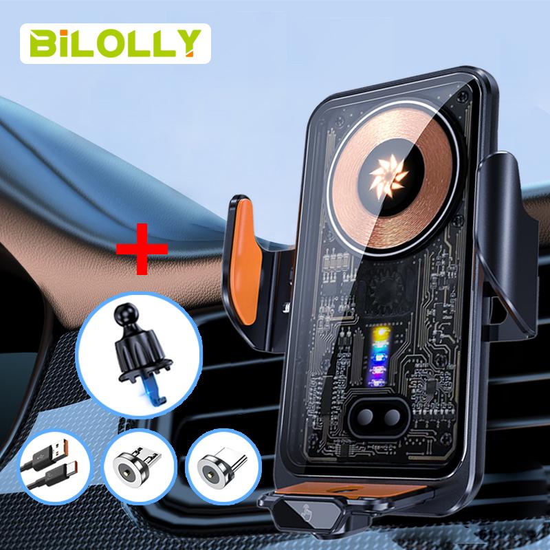 Bilolly Wireless car charger, 15W fast charging auto-clamping car charger phone holder phone holder suitable for iPhone 16 15 14 13 12 Pro Max 11 XR XS, Samsung Galaxy S24 Ultra S23 S22 S21, S20, S10+, and other smartphones.