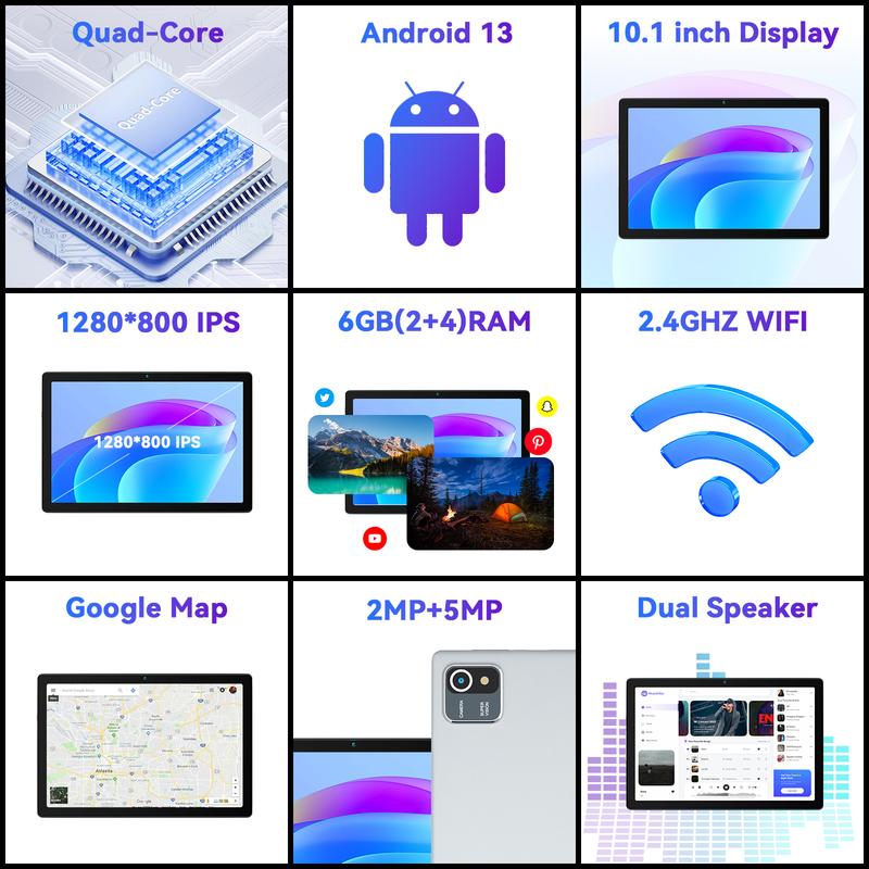 Aeezo 10 inch Tablet Android 13, 6(2+4) GB RAM+64GB ROM Tablet with Quad-core Processor, 5MP+8MP Dual Camera, 5000mAh, 1280 * 800 IPS Display, Wifi, Bluetooth, Type-C