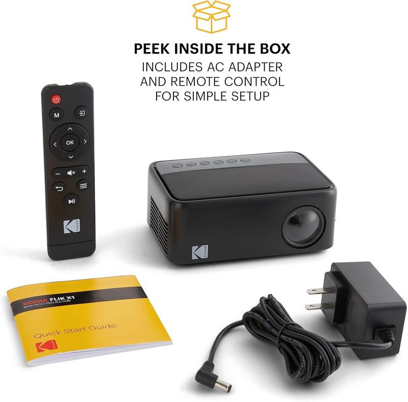 KODAK FLIK X1 100” Mini Projector, Portable Pico Projector with Remote & 2W Speakers, Black