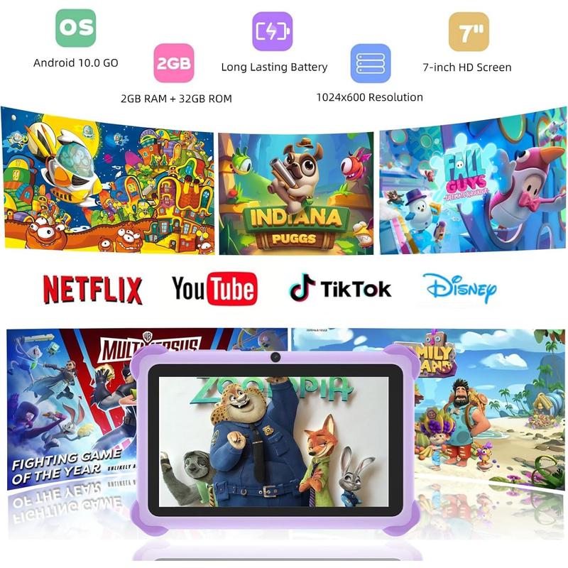 Tablet 7 inch Tablet for  32GB  Tablet with Case, Android  Learning Tablet with WiFi Youtube Parental Control, , Preinstalled Educational Contents for Girls Boys, Purple