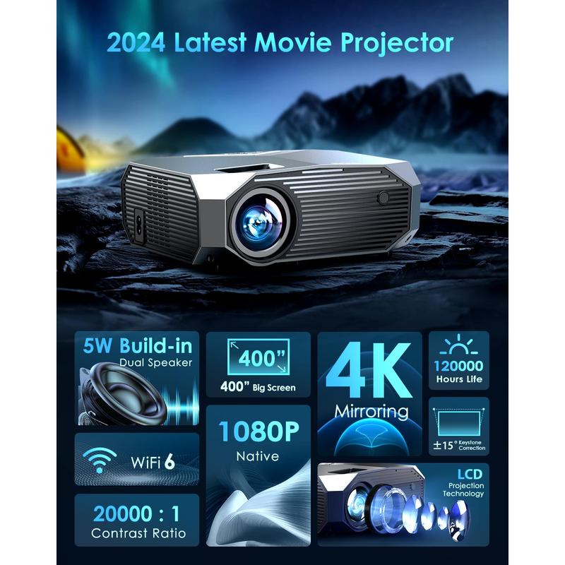 5G WiFi Bluetooth 1080P Projector, 22000LM Movie Projector with LCD Technology & 120000 Lamp Life